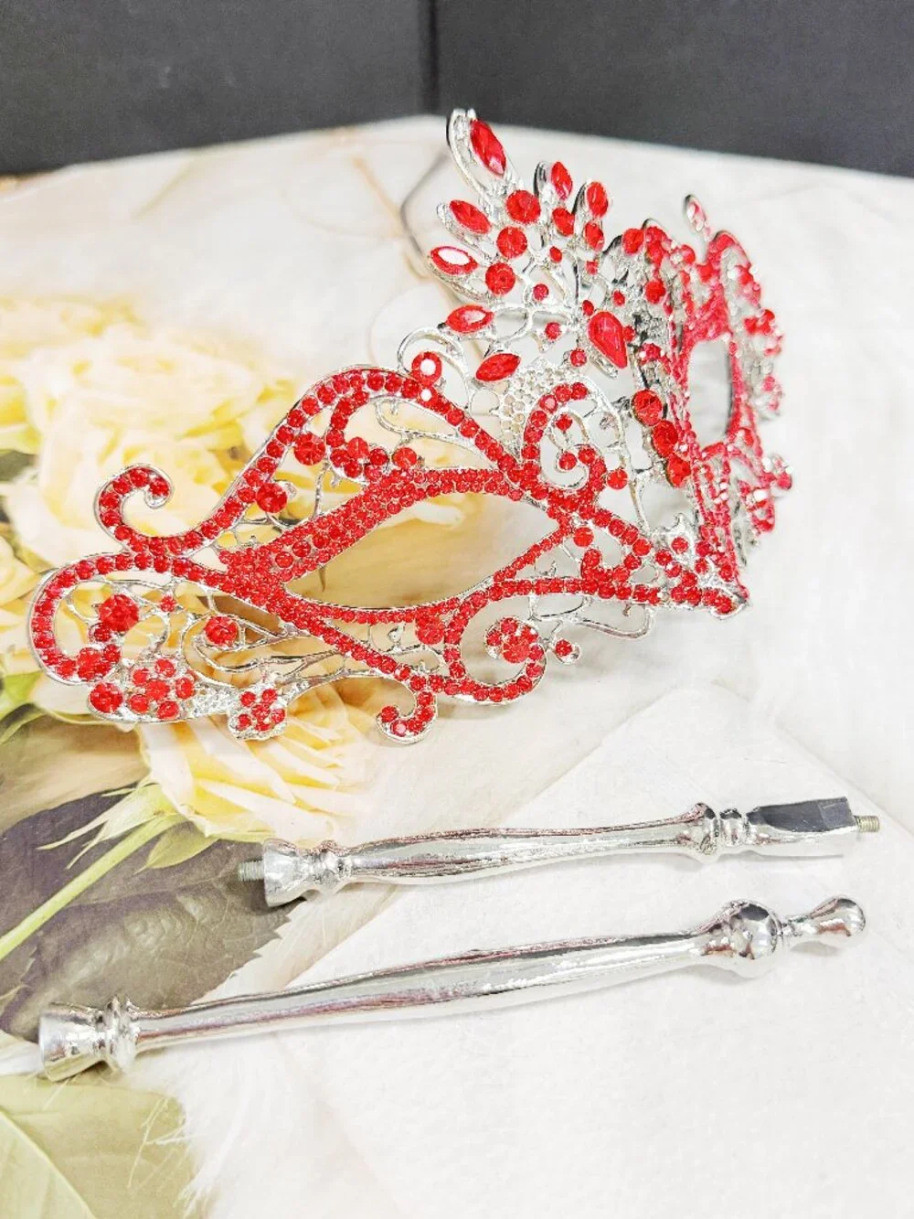 Red crystal mask, silver mask with stick, Theatrical Mask, Wedding Party Mask